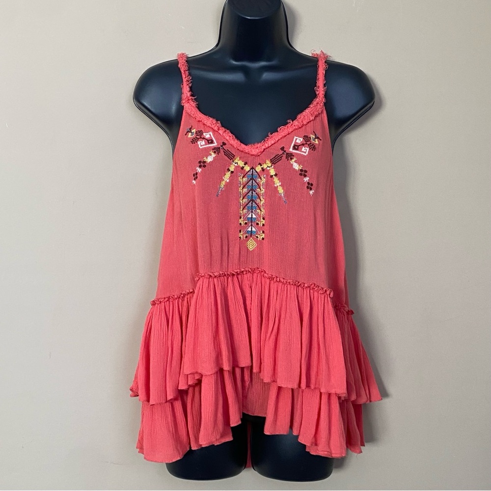 Free People Coral Embroidered Ruffle Layered Tank
